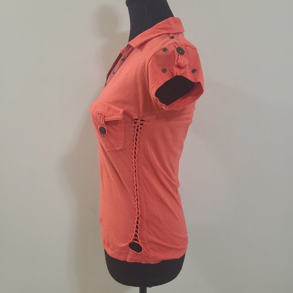 Sexy GOLDDIGGA Y2K Burnt Orange and Copper/Gold Short Sleeved Polo Shirt - Picture 5 of 9